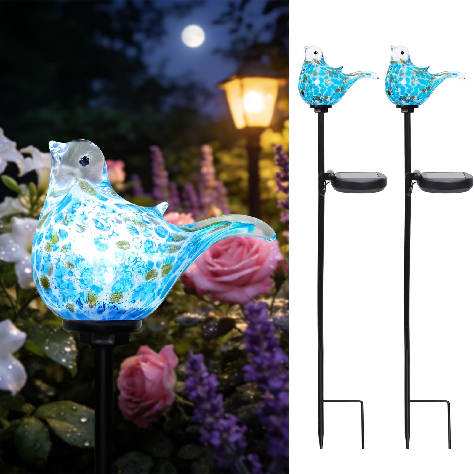 Photo 1 of MUMTOP Solar Garden Lights Outdoor Blue Bird Hand-Blown Glass Solar Stake Lights Waterproof LED Decorative Landscape Lights for Yard Patio Lawn Pathway Gifts for Women, 2 Pack Blue&Gold