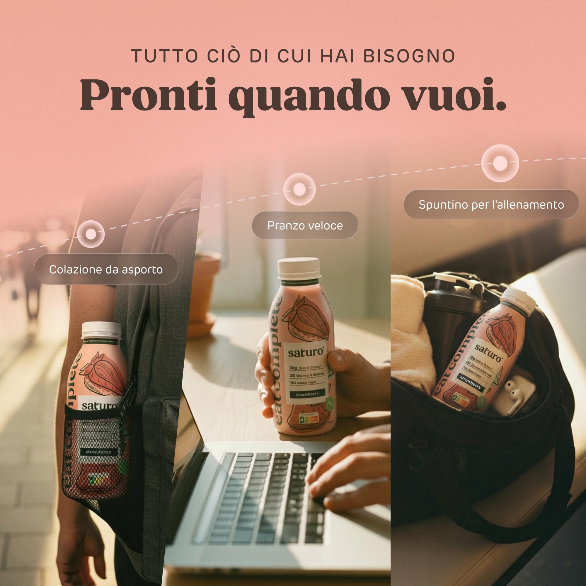 Saturo Pasto Sostitutivo Frullato Gusto Strawberry | 36 g di proteine & senza zucchero | 400 kcal | Vegano | Pasto Bevibile con Nutrienti Essenziali | Fragola | 6 x 400 ml