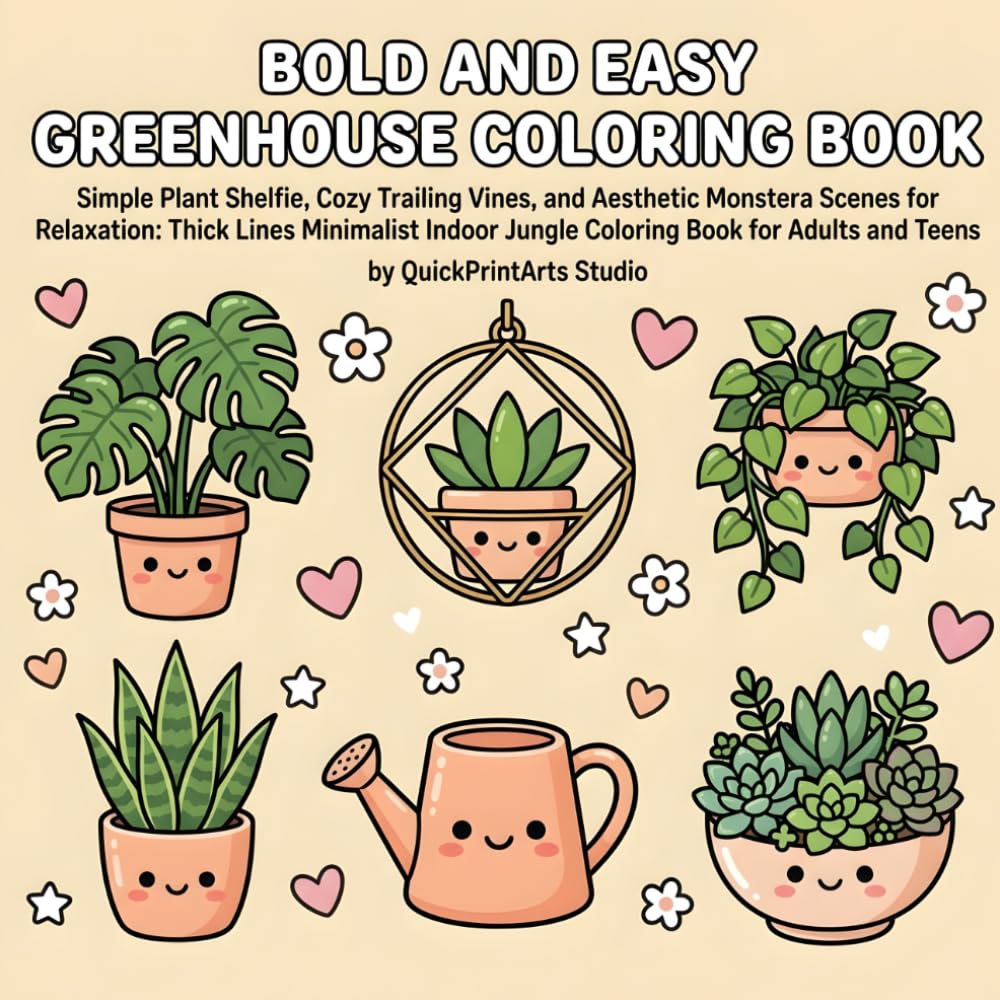 Bold and Easy Greenhouse Coloring Book: Simple Plant Shelfie, Cozy Trailing Vines, and Aesthetic Monstera Scenes for Relaxation: Thick Lines Minimalist Indoor Jungle Coloring Book for Adults and Teens