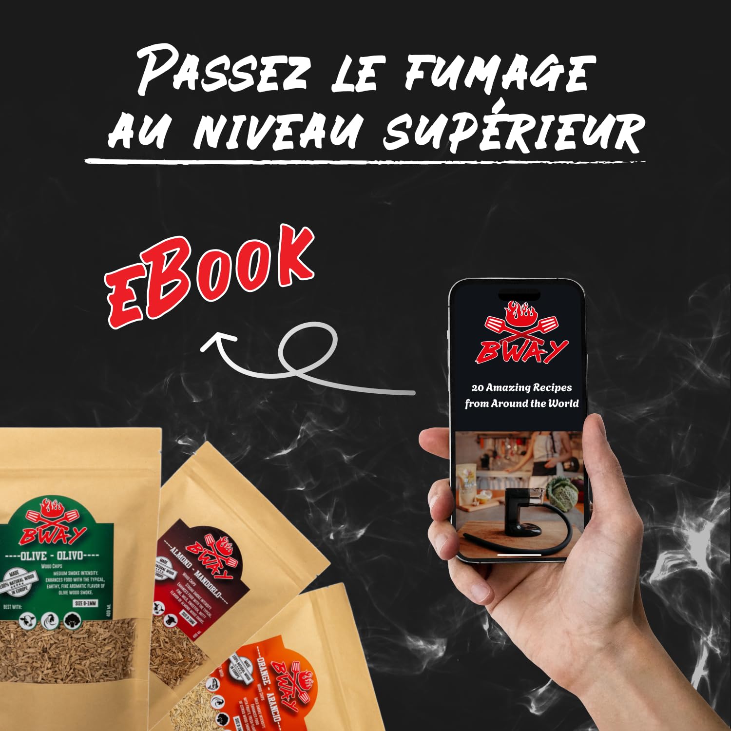 BWAY Sciure de Bois pour Fumage a Froid Saveur Olivier, Oranger, Amandier, Citronnier, Noyer et Chêne compatible avec un Fumoir à Froid | Bois de Fumage avec eBook Offert avec 20 Recettes (6 x 400 ml)