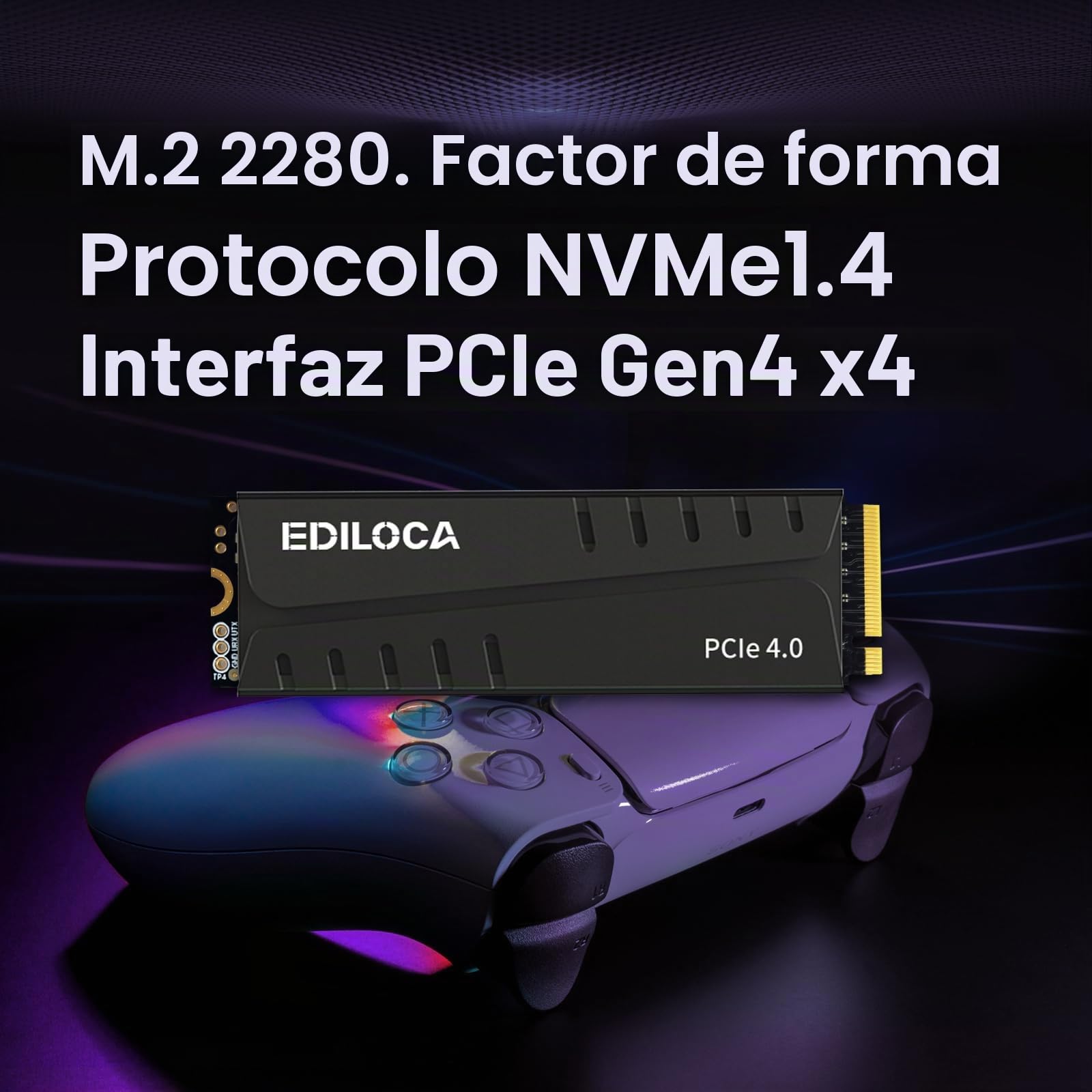 Ediloca Disco Duro Interno para Videojuegos con disipador de Calor, 4 TB hasta 7400 MB/s, PCIe Gen4, NVMe1.4 M.2 2280, 3D NAND TLC, Unidad Interna de Estado sólido, 4 GB de caché de Memoria caché de