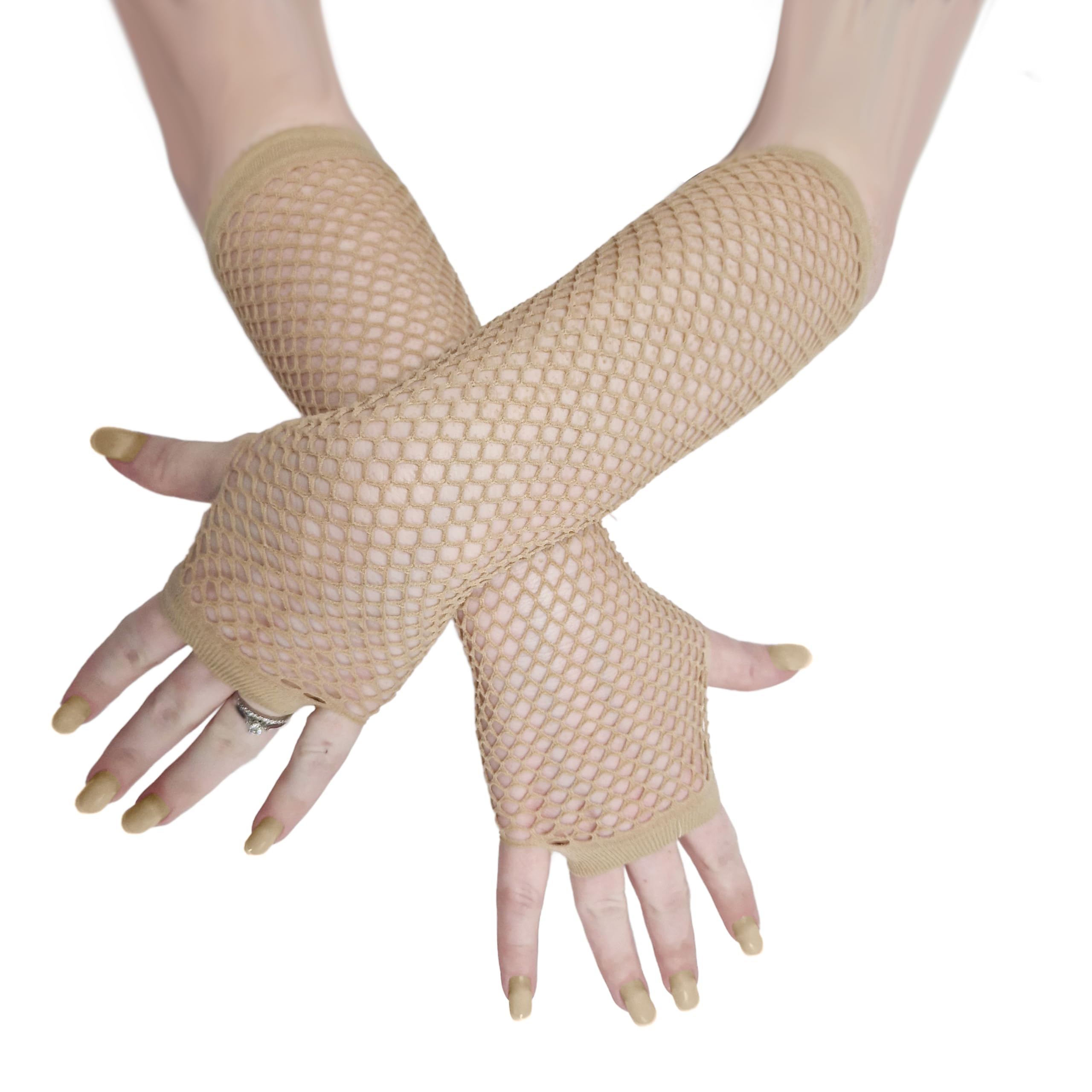 Komonee Red Beige Fishnet Gloves Long Fingerless Arm Warmers, Elbow Length Mesh Sleeves for Women, Stretchy Sheer Opera Style for Rave Cosplay Halloween 80s Costume, One Size