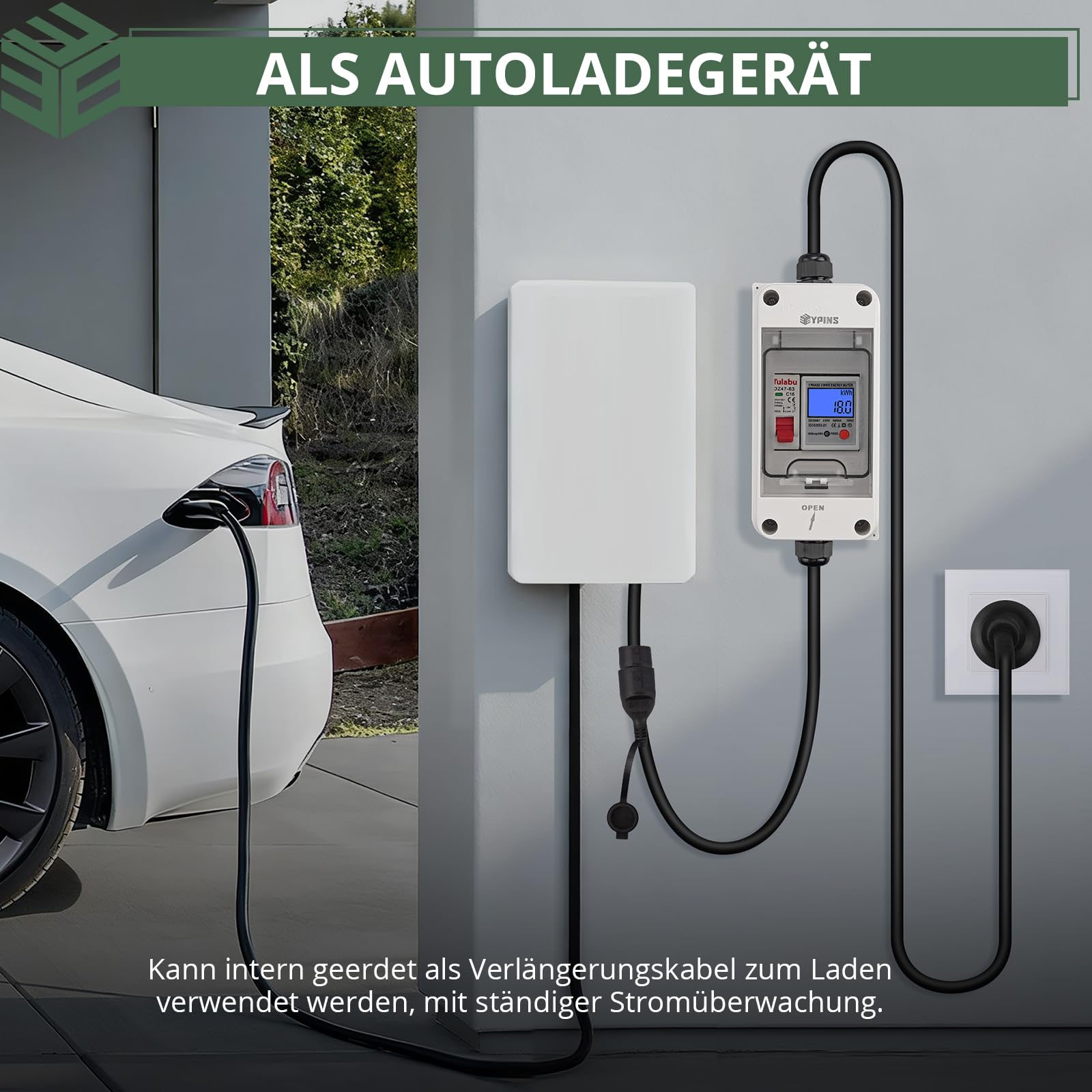 EYPINS Mobilny cyfrowy licznik prądu 80 A, 230 V, zewnętrzny, mobilny miernik KWH z przełącznikiem LS, przenośny licznik prądu LED z resetem, wtyczka SK, złączka, 2 x kabel 1,5 m do kamperów