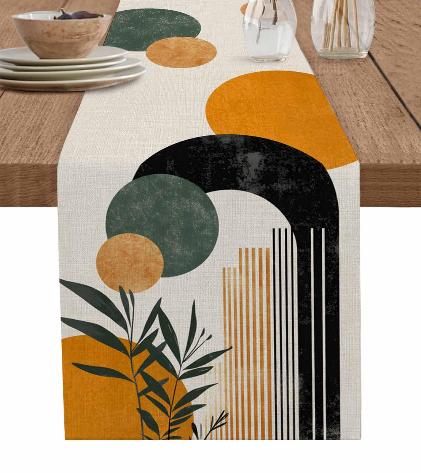 Boho Table Runner Farmhouse Geometric Abstract Art Modern Orange Black Linen Texture Table Runners Dresser Scarves Kitchen Dining Table Decoration for