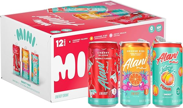 Alani Nu VARIETY PACK (CHERRY SLUSH, JUICY PEACH, ORANGE KISS), Low Calorie Energy Drinks, 100mg Caffeine, Biotin, B Vitamins, Zero Sugar, 10 Calories or Less, 8 Fl Oz Cans, 12 Pack