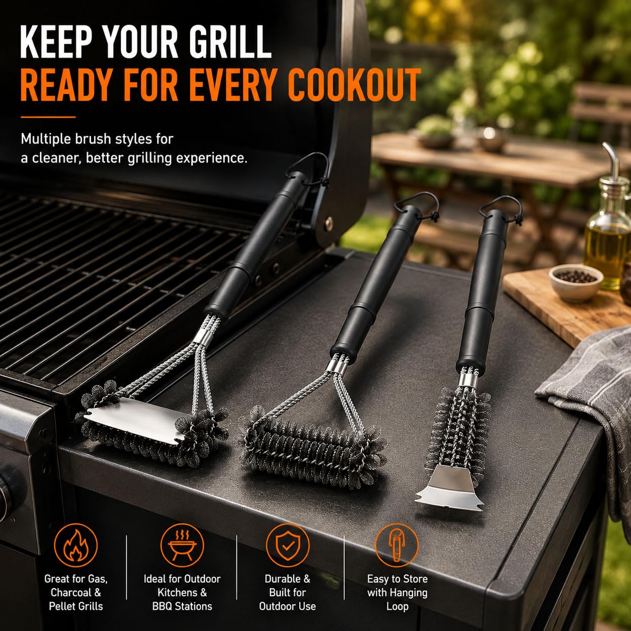 3PCS Cepillo Barbacoa Limpieza para Royal Gourmet Gas Grill and Pizza Oven | 17.3"Cepillo de 3 Cabezales en Espiral con Raspador 16.4"Cepillo con Espirales Superpuestas 17.5"Cepillo 3 Filas con Raspador