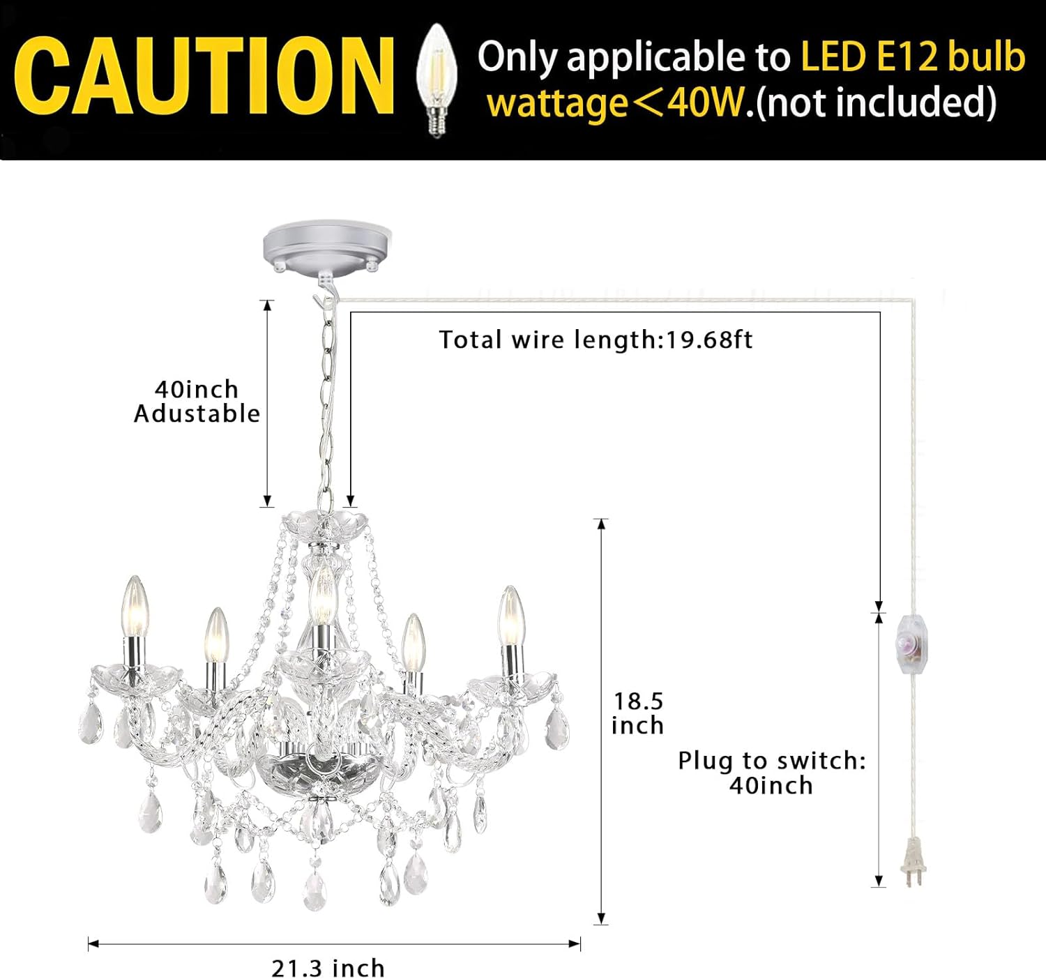 HOXIYA Dimmable Plug-in 5 Light Crystal Chandelier with Cord Glass, Chrome Candle Style Hanging Swag Lighting, K9 Crystals Beads Modern Pendant Light Fixtures Ceiling for Dining Living Room Bedroom