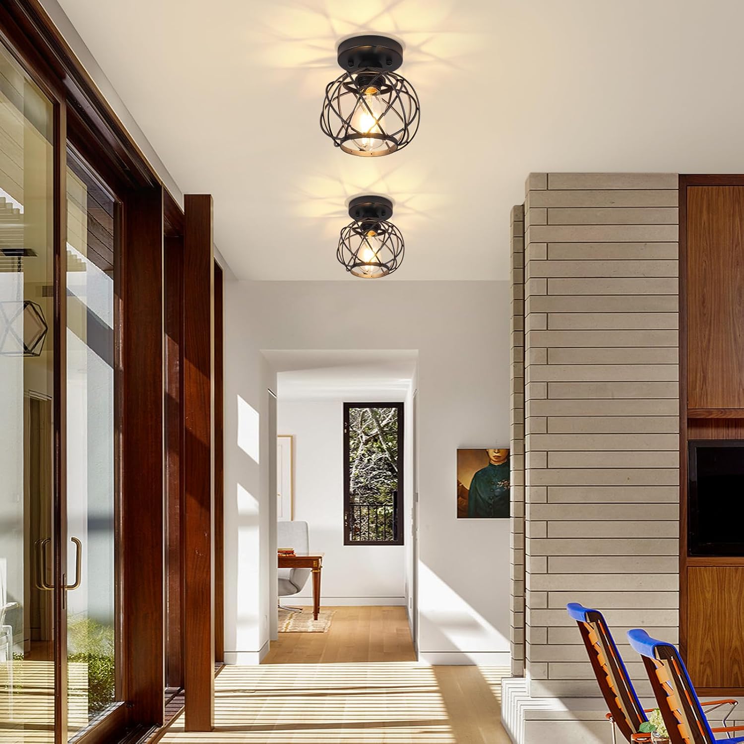 Hallway Light Fixtures Ceiling,Semi Flush Mount Ceiling Lights Fixtures Black Metal Cage Indoor Industrial Ceiling Lights Modern Crystal Ceiling Light Fixture for Porch Entryway Foyer Bathroom