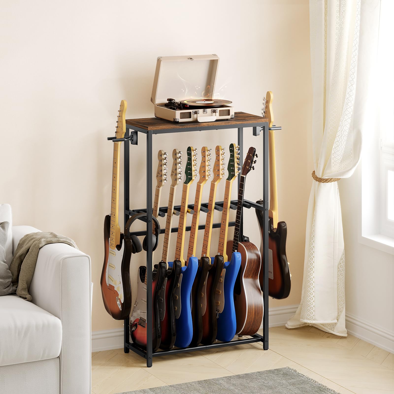 MAHANCRIS Supporto Porta Chitarre a 2 Livelli per 7 Strumenti, Chitarre Acustica, Elettrica, Bass, Ukulele, Banjo, Protezione in EVA, Marrone Vintage e Nero AGSHR6701