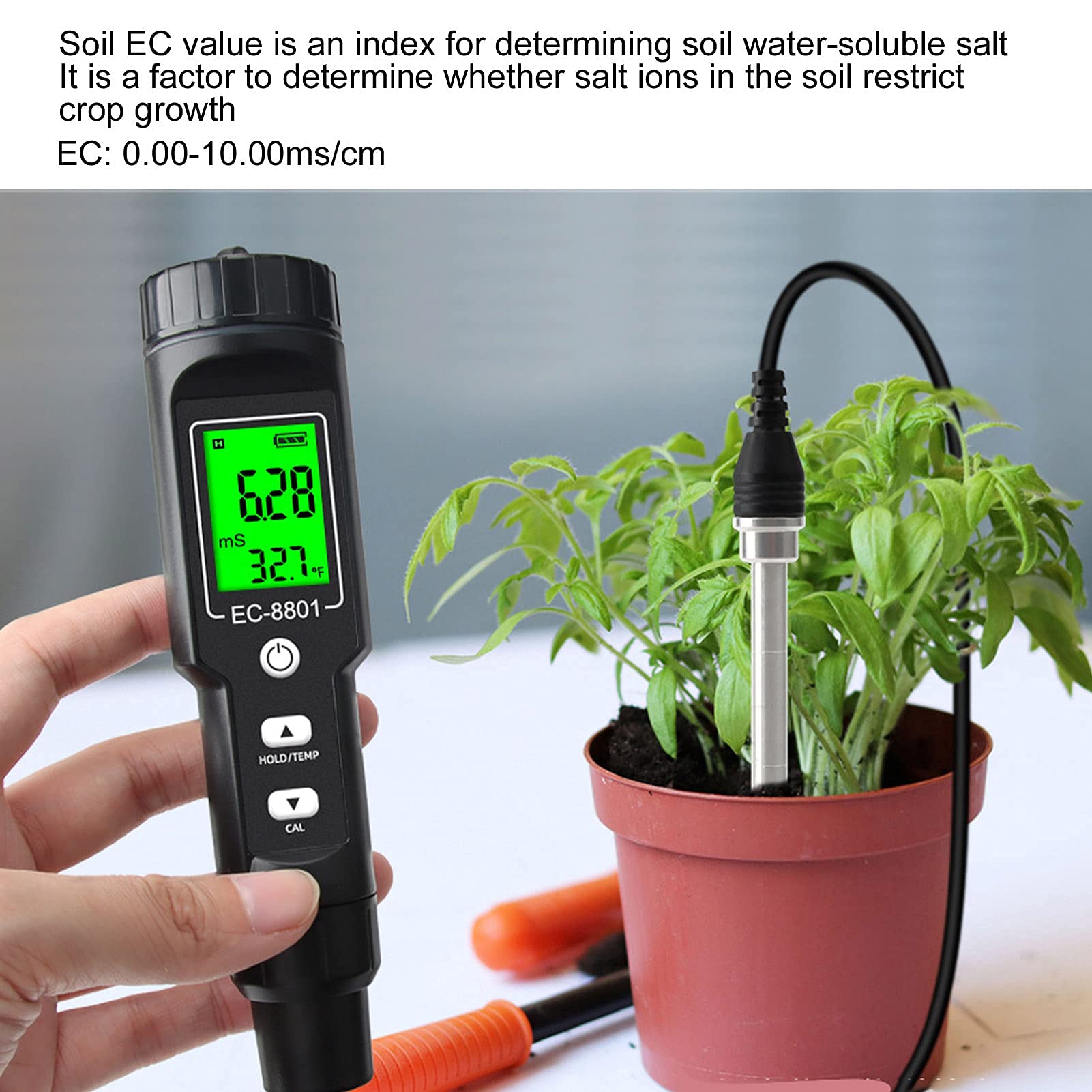 Jeffergarden Testeur de Sol pH EC Testeur de Température avec Rétro-éclairage LCD Conductimètre Portable Sonde Amovible Hydroponique pour Le Jardinage des Plantes