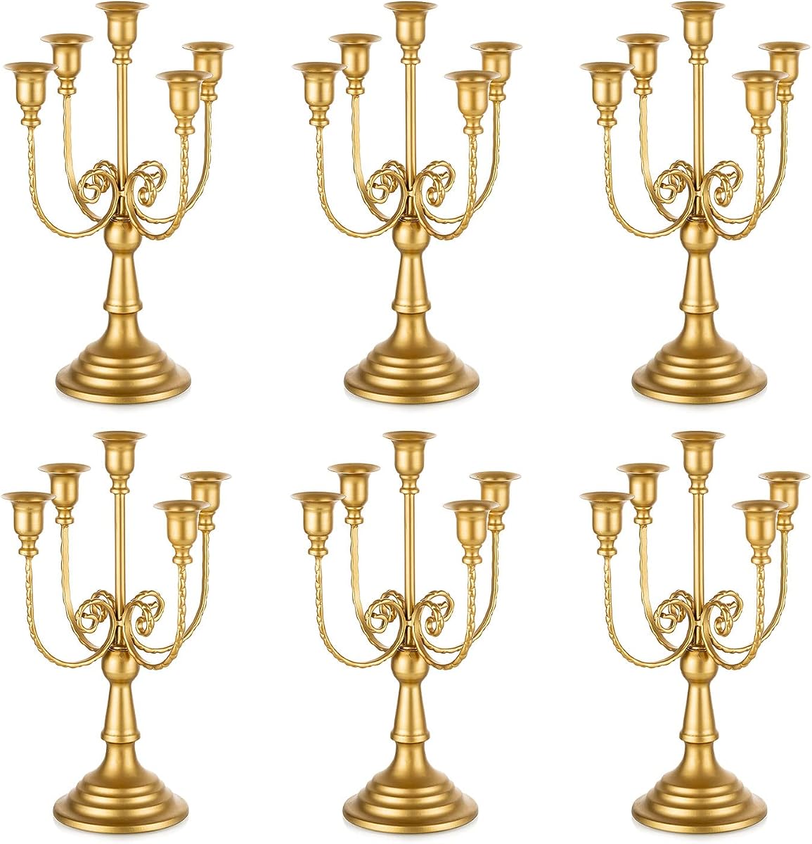 Romadedi Gold 5 Arm 11.8" Candelabra Candle Holders, Set of 6 | Wedding Candlestick Holder, Theme Party Table Centerpiece Decor, Dining Room, Birthday Holiday Christmas