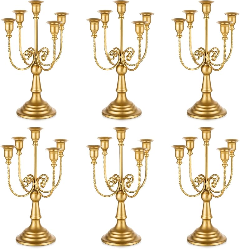 Romadedi Gold 5 Arm 11.8" Candelabra Candle Holders, Set of 6 | Wedding Candlestick Holder, Theme Party Table Centerpiece Decor, Dining Room, Birthday Holiday Christmas