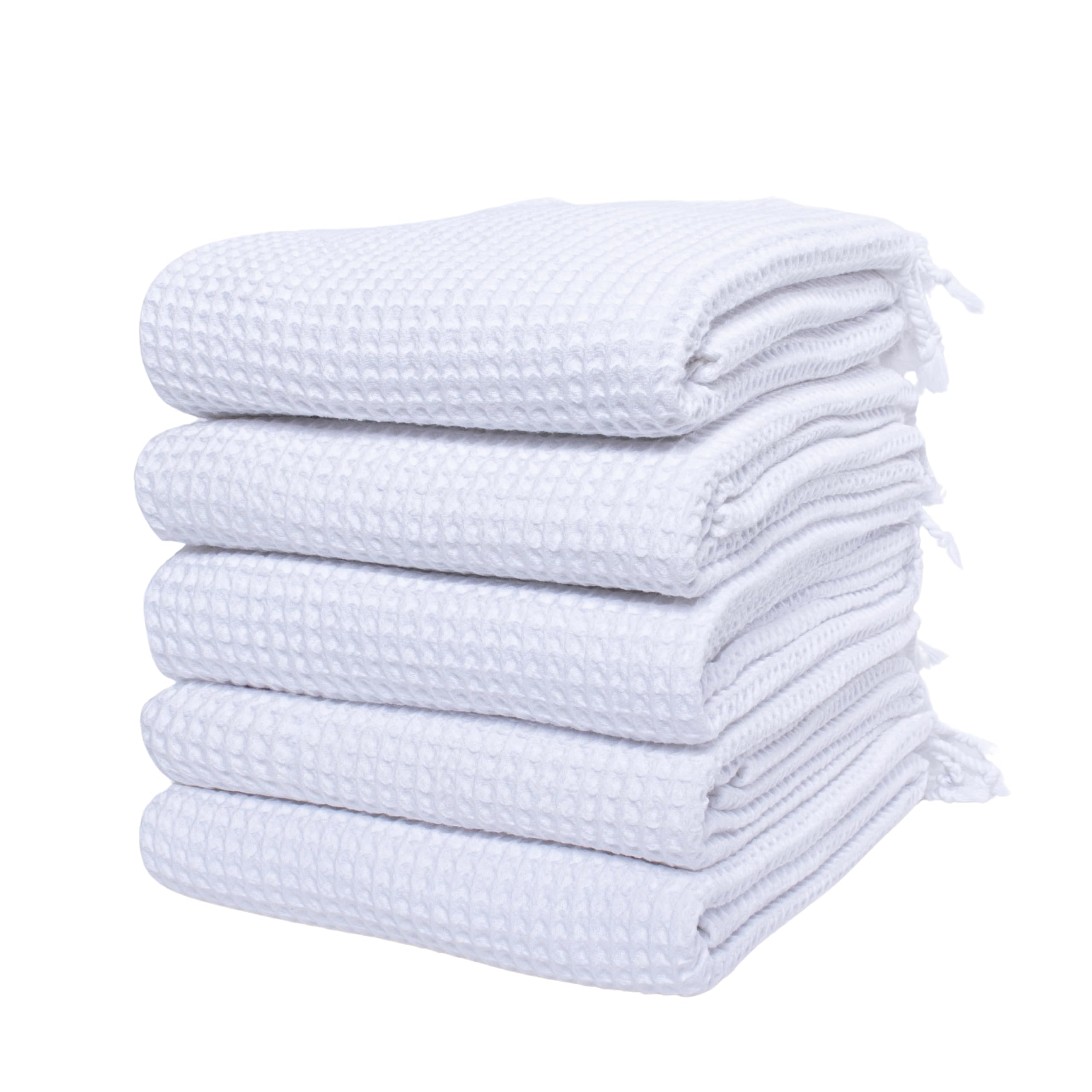 PÜSKÜL - Waffle Towels for Pool, Beach, Spa, Sauna, Gym - Original 100% Turkish Cotton Peshtemal Hammam Towels (White, 5)