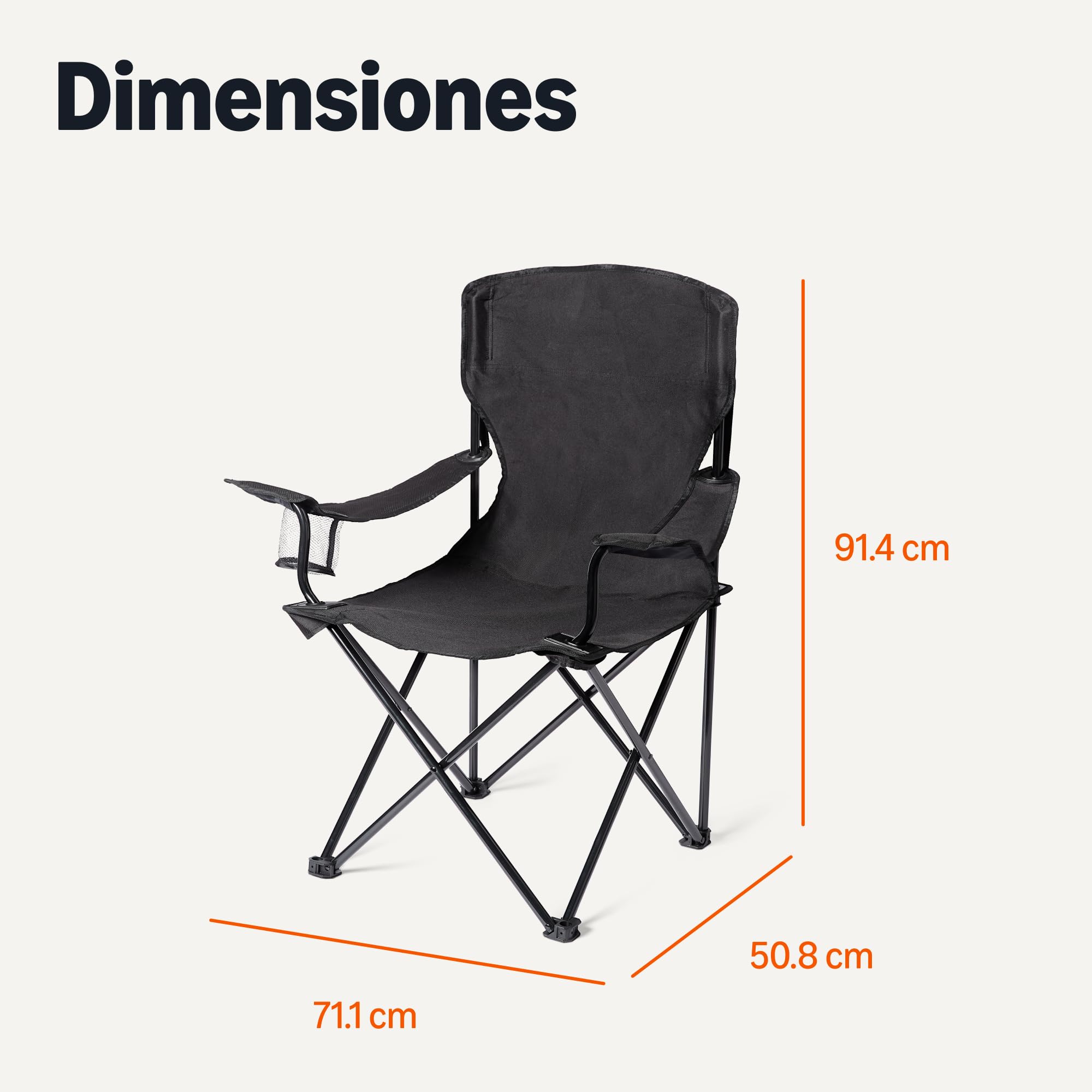 Amazon Basics Silla de Camping Plegable Portátil con Portavasos - Silla de Exterior con Marco de Acero, Resistente al Agua, con Bolsa de Transporte - 72,5cm x 52,5cm x 93,2cm - Negro - Pack de 2