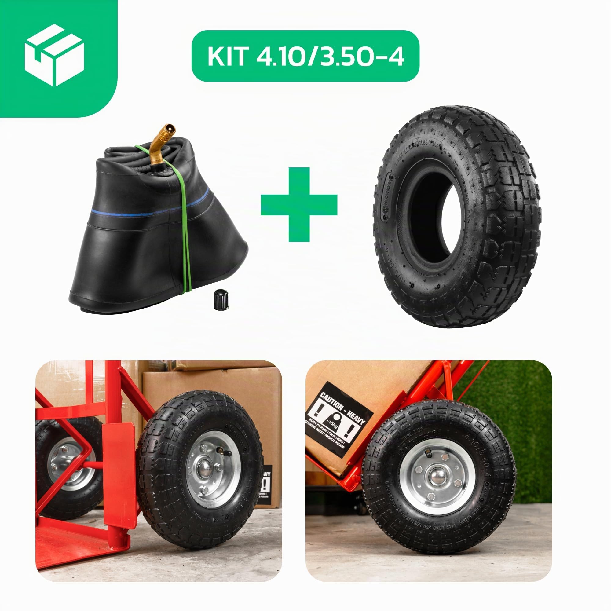 MOOVMOOV Kit de Neumáticos 4.10/3.50-4 con Cámara de Aire Válvula TR87 | Compatible con Carros de Transporte, Remolques, Carros de Jardín de 4 Ruedas - Para Neumáticos 410x350x4