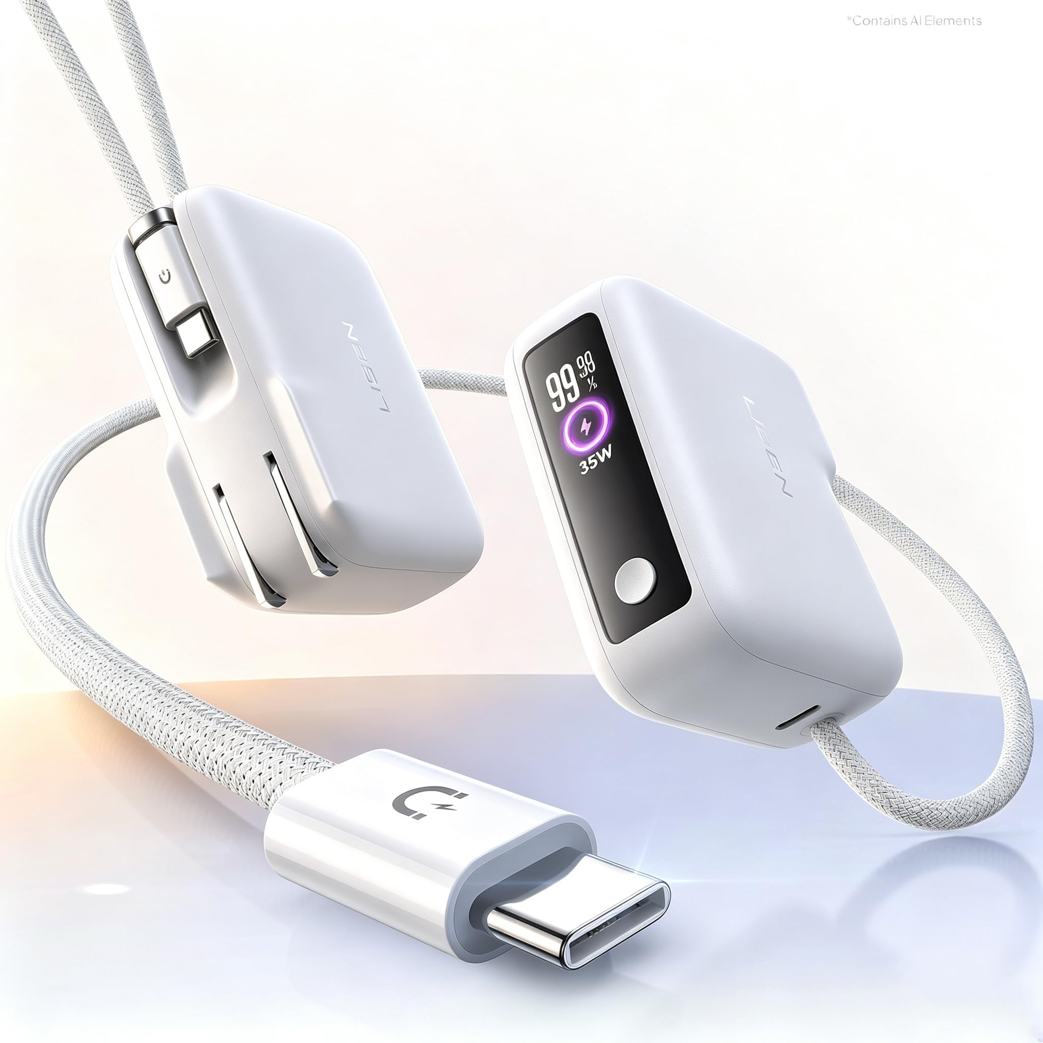 LISEN (B King) LISEN 3 in 1 Travel Power Bank with Wall Plug, 2026 Mini Portable Charger with Built in Cable 3.3FT, 35W Powerbank Fast Charging 7000mAh for iPhone 17 16 15 Pro Max Plus, Samsung, iPad, Pearl White
