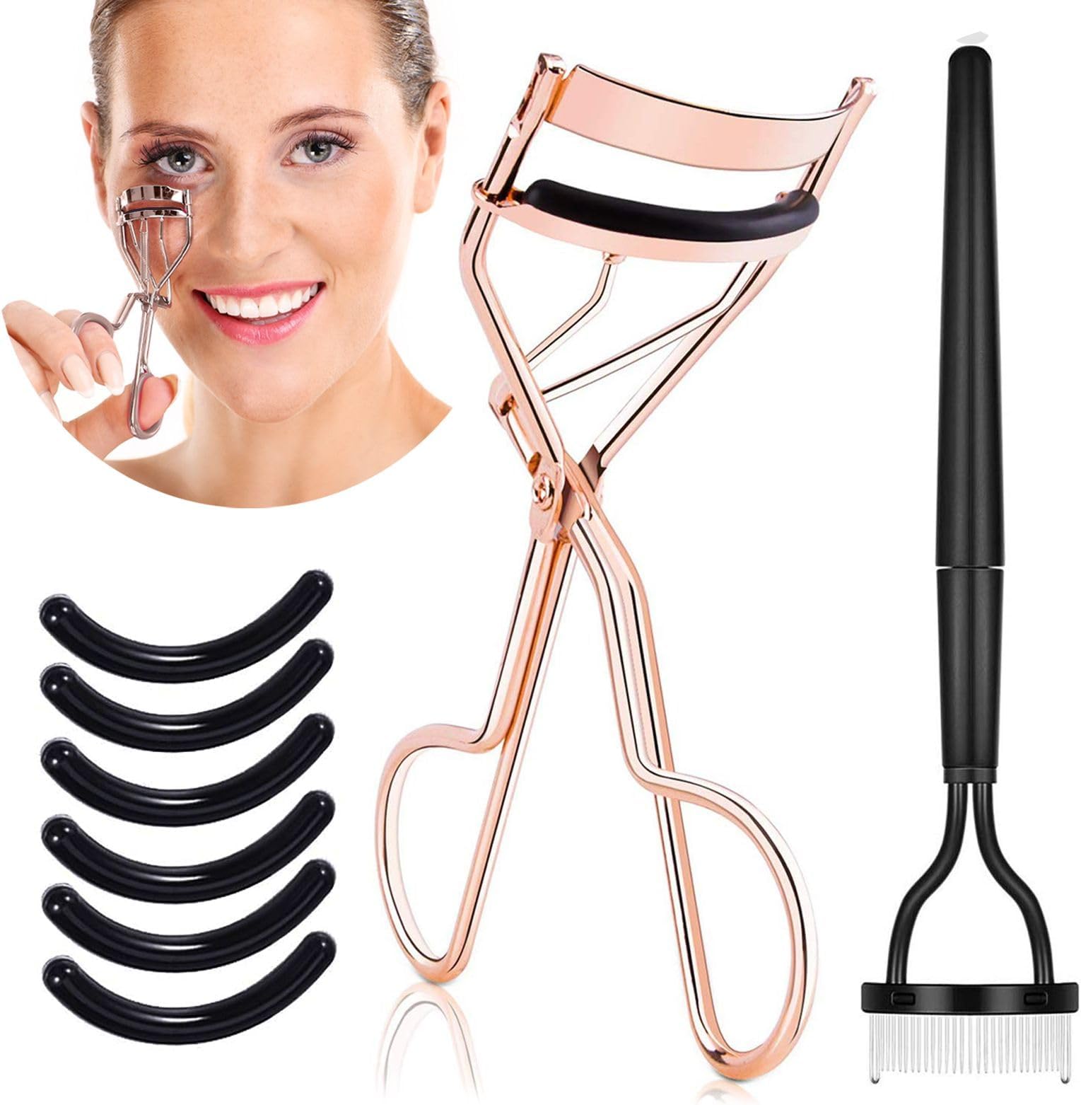 Rose Gold Eyelash Curler with Precision Comb – Professional Volumizing Kit with Extra Refill Pads for Effortless Beauty at Home & On-The-Go.