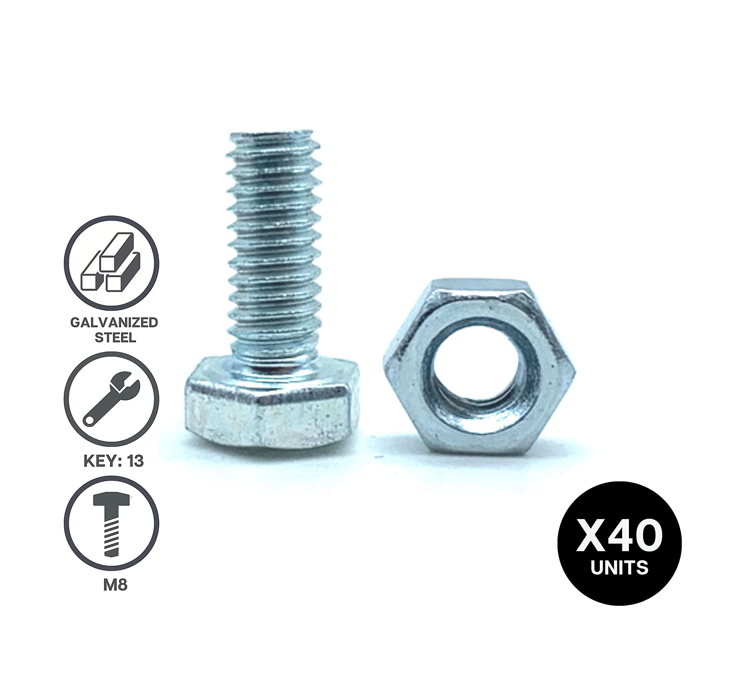 Lot De 40 Vis à Tête Hexagonale Avec écrous DOJA INDUSTRIAL – 8 X 20 Mm, Finition Zinguée, Pour Bois Et Bricolage