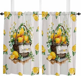 Lemon Basket Summer Small Window Curtains 45 Inch Length, Farmhouse Eucalyptus Grey Wooden Rod Pocket Window Treatment Kitchen Drapes for Bedroom, Cafe, Living Room, 2 Panels, 27.5 W x 45 L