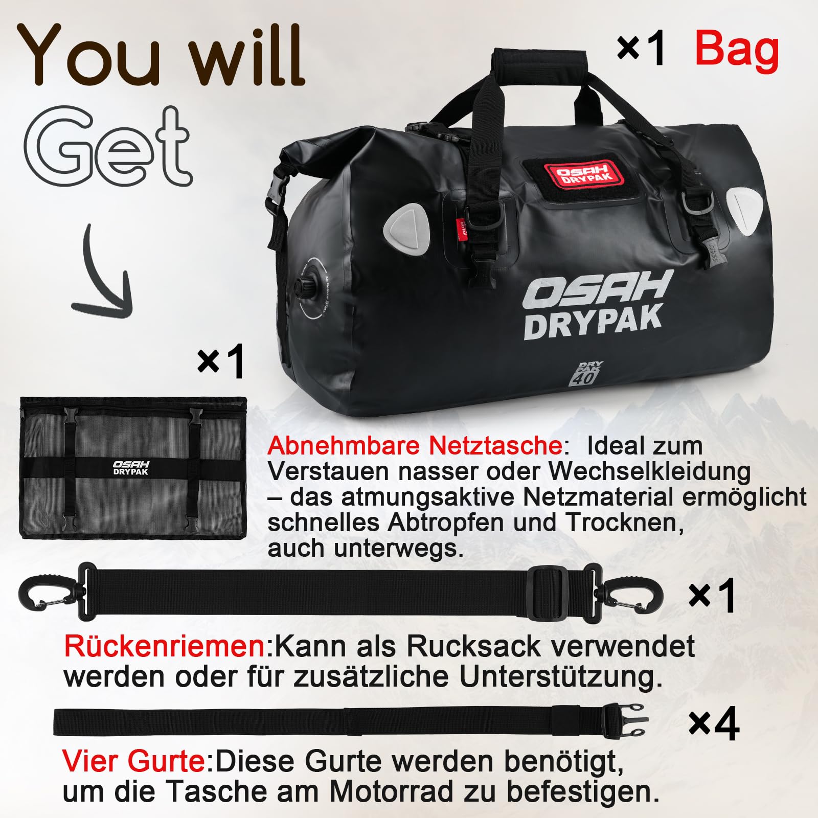 OSAH DRYPAK wasserdichte Rucksack Dry Bag – Wasserfeste Reisetasche Seesack, Rolltop, Großem Stauraum, Vielseitige wasserdichte Tasche für Camping, Motorrad, Bootfahren, Kajak, SUP, Strand und Angeln