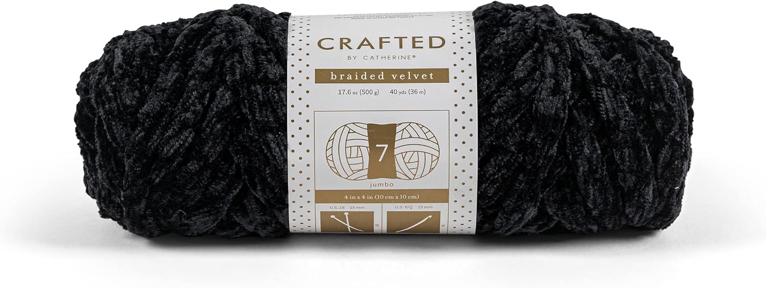 Crafted By Catherine Braided Velvet Yarn - 2 Pack (40 Yards Each Skein), Black, Gauge 7 Jumbo