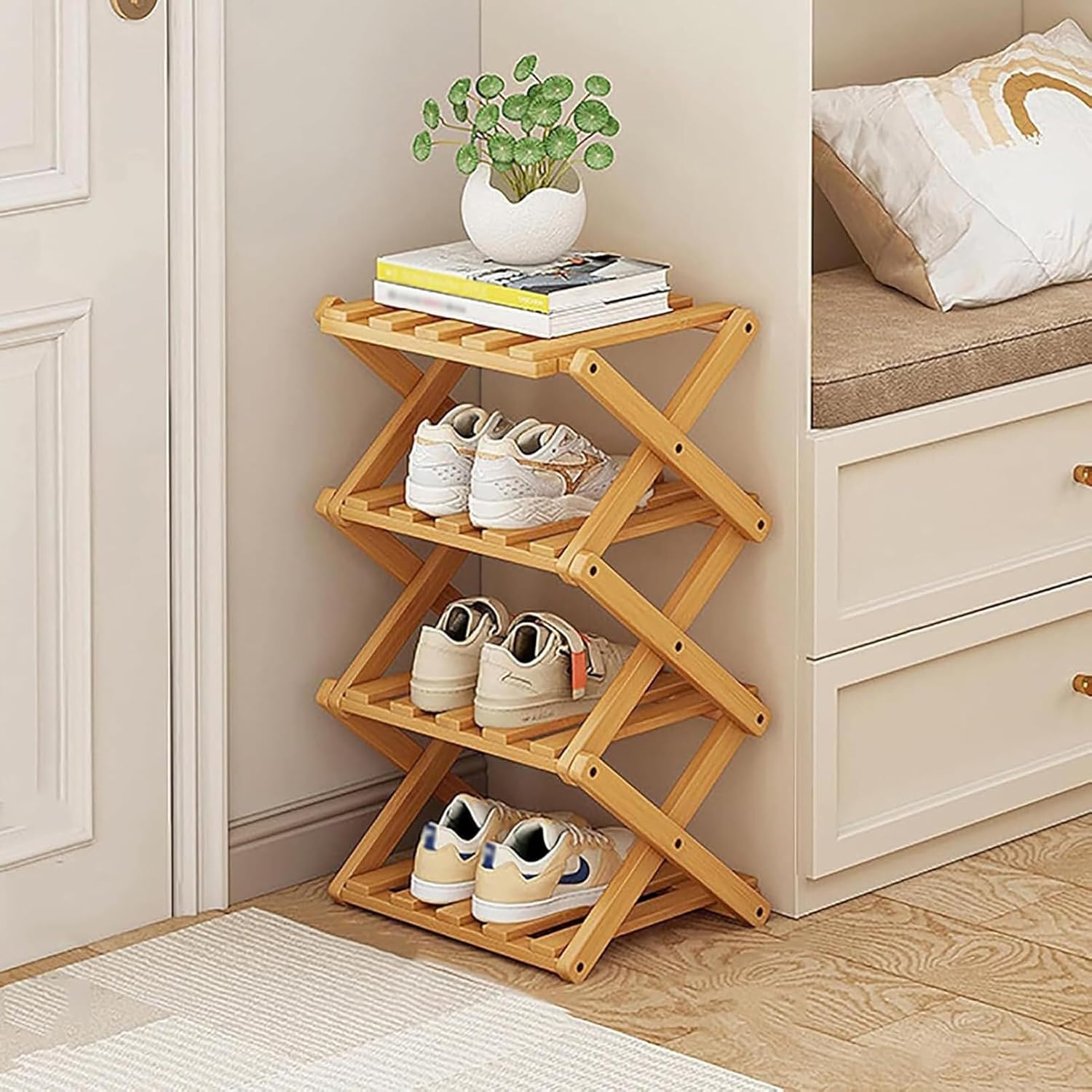 Bamboo Folding Shoe Rack — Vertical, Slim, Compact, and Assembly-Free Corner Shoe Organizer, Ideal for Entryways and Hallways.