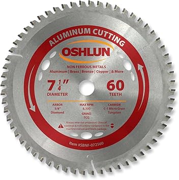 Oshlun SBNF-072560 7-1/4-Inch 60 Tooth TCG Saw Blade with 5/8-Inch Arbor Diamond Knockout for Aluminum and Non Ferrous Metals