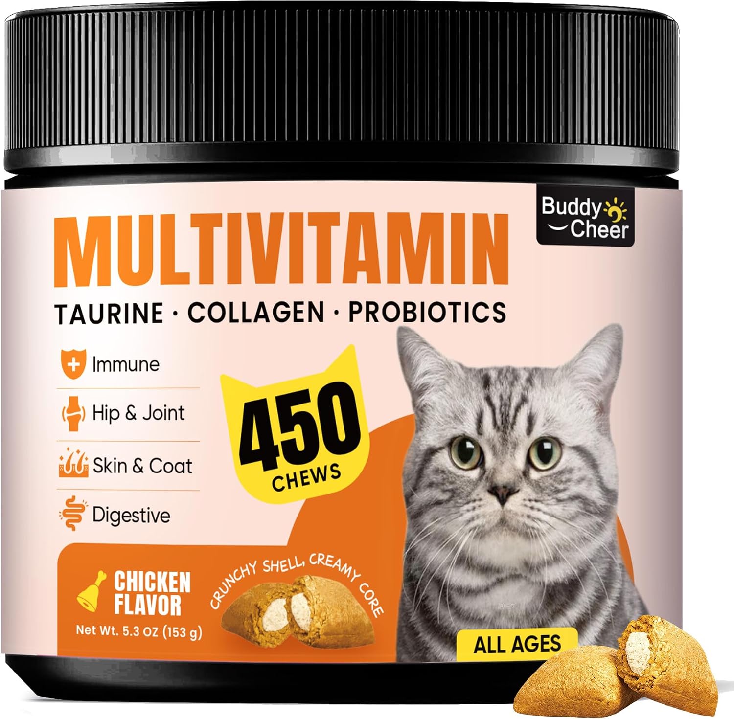 Cat Multivitamin Treats with L-Lysine & Taurine – 12 Vitamins & 5 Minerals, Daily Cat Supplement for Immune, Skin & Joint Support, Indoor & Senior Cats – 450 Chews