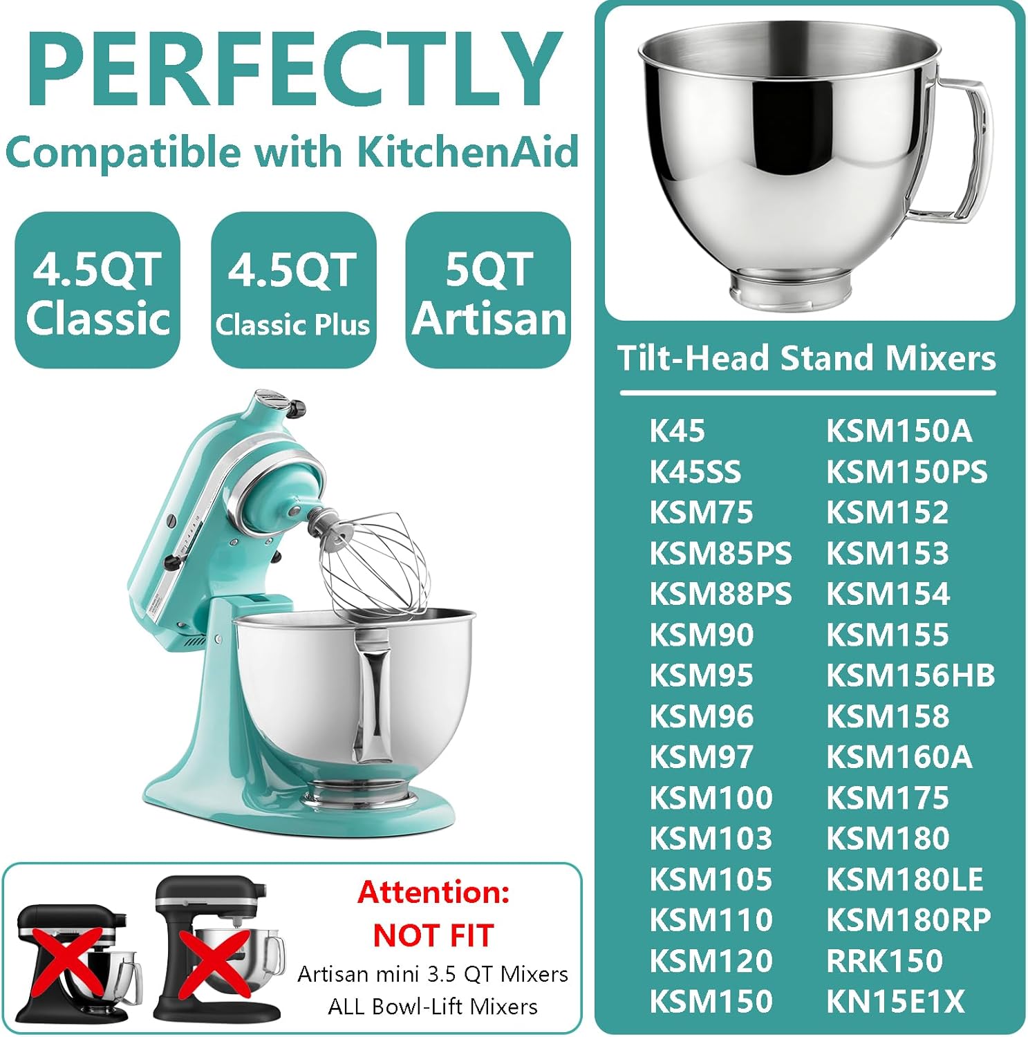 5 QT Stand Mixer Bowls Fit for Kitchenaid Artisan & Classic Series 4.5-5 Quart Tilt Head Stand Mixers Stainless Steel Mixing Bowls with Handle Stand Mixer Replacement/Accessories Bowls Polished
