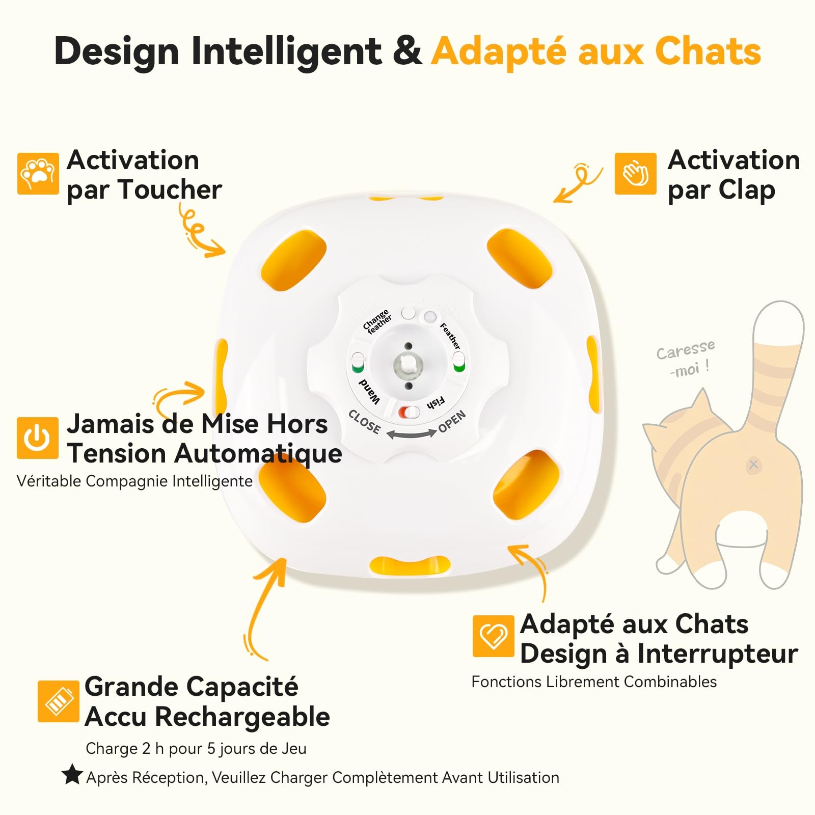 GoldenSun Jouet pour chat interactif 5 en 1 pour chats d'appartement, jeu de tapotement automatique, poisson volant, canne à pêche pour chat et plume mobile