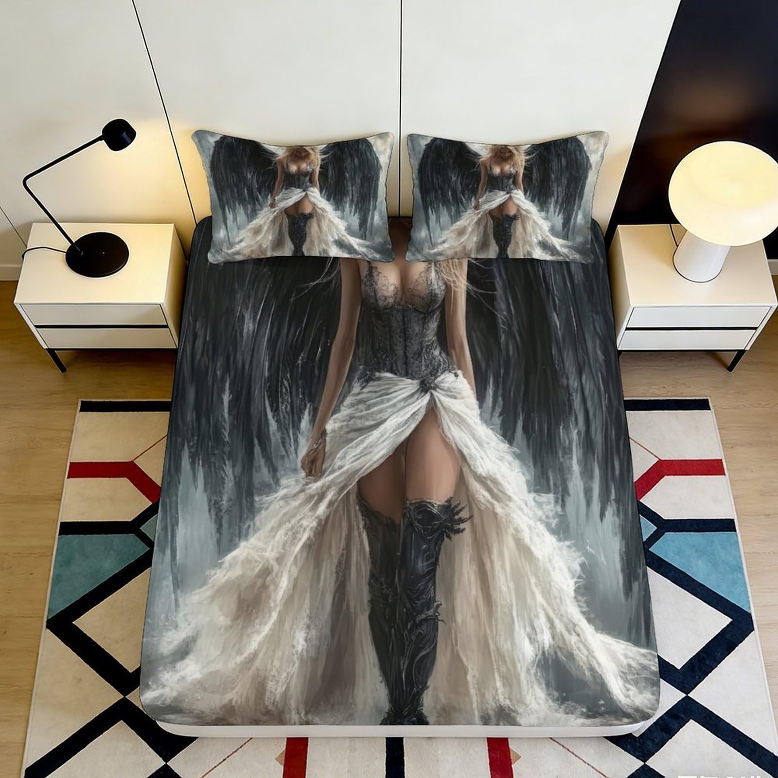 3D Printed Angel Wings Fitted Sheet Microfiber Non-Slip Deep Pocket Angel Wings Mattress Fitted Cover Bedroom Home 90x200x25cm