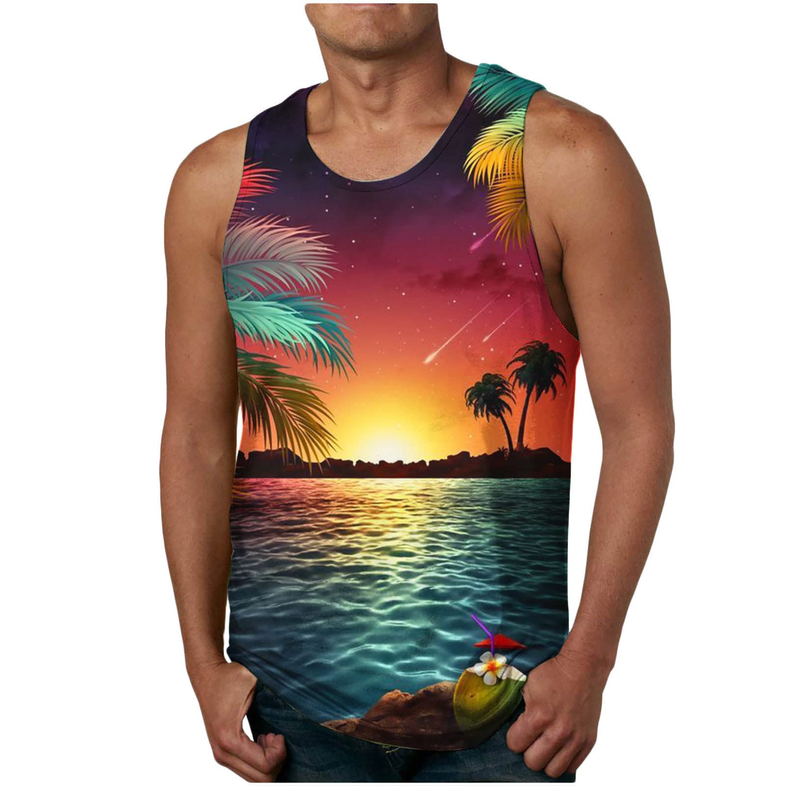 NaRHbrg Palm Tree Tanks Tops for Mens Cool Printed Graphic Sleeveless Tank Top Muscle Shirt for Workout Gym Jogging