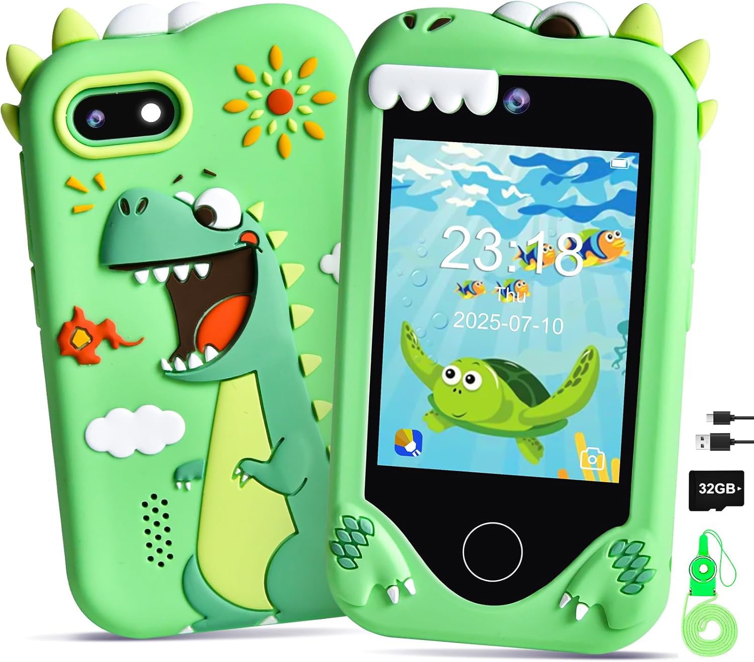 Kids Smart Phone for Boys, Dinosaur 2.8“ Touchscreen Toy Phones Christmas Birthday Gift for Boy Ages 3-9, Toddler Play Learning Cell Phone with Dual Camera, Game, MP3 Player, 32GB Card, Green