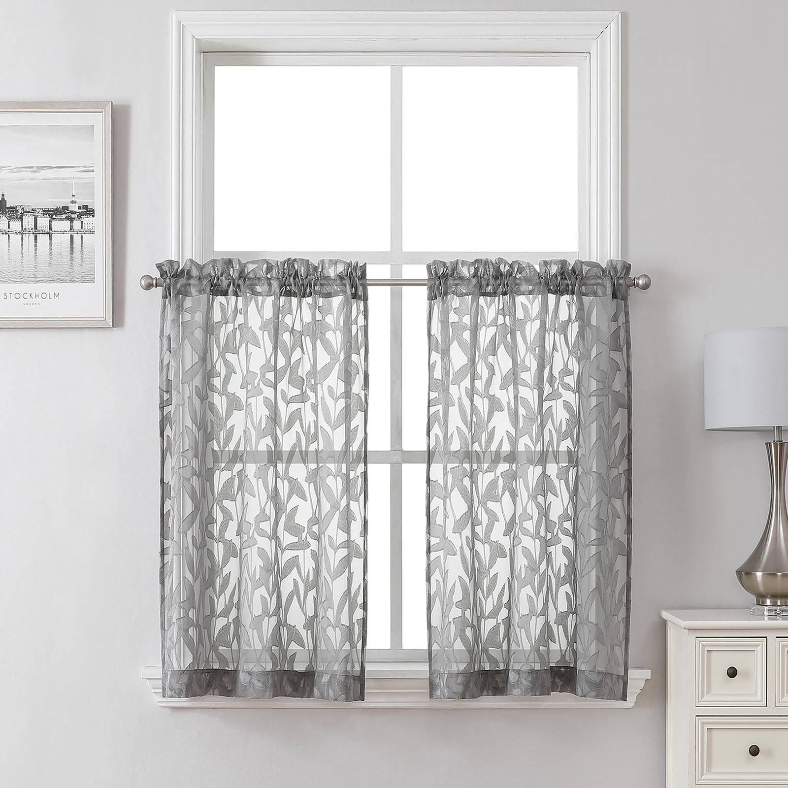 Lecloud Leia Charcoal Grey Sheer Kitchen Curtains 36 Inch Length 2 Panels, Jacquard Leaf Textured Voile Short Curtains, Dual Rod Pocket Semi Sheer Tiers for Bathroom Bedroom Living Room, 28" W x 36" L