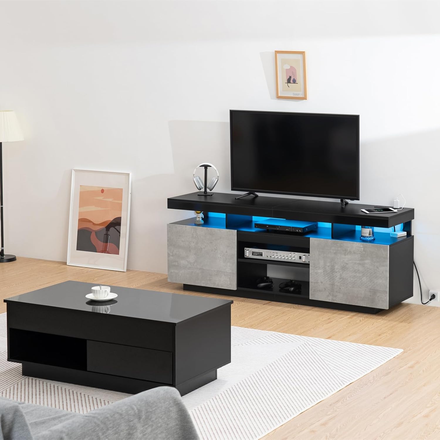 HOMMPA 2 Piece Set LED Coffee Tables & LED TV Stand with Power Outlets, Lift Top Coffee Table with Hidden Compartment, Modern Living Room Furniture for up to 70" TV, Grey& Black