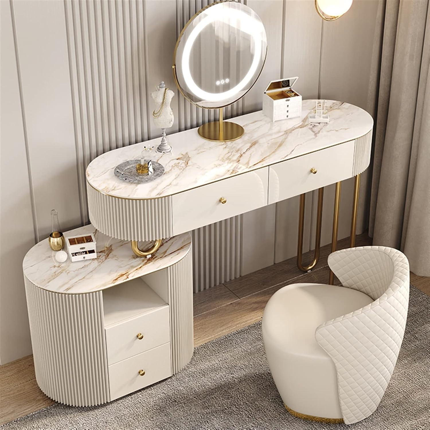 Vanity Dressing Table Set Luxury Makeup Bench with 3 Colors Led Hd Mirror,Comfortable Stool Drawers Cabinet,Modern Simple Style,for Girl's Gift (Size : 120cm) ()