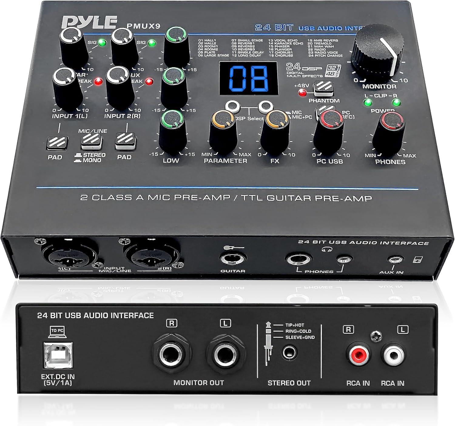 Pyle USB Audio Interface - 24-Bit MIC/Line/Guitar, PC/Mac Compatible, 48V Phantom Power, 24 Preset Effects, RCA, AUX, XLR Inputs, Low Noise Design, Home Studio & Streaming