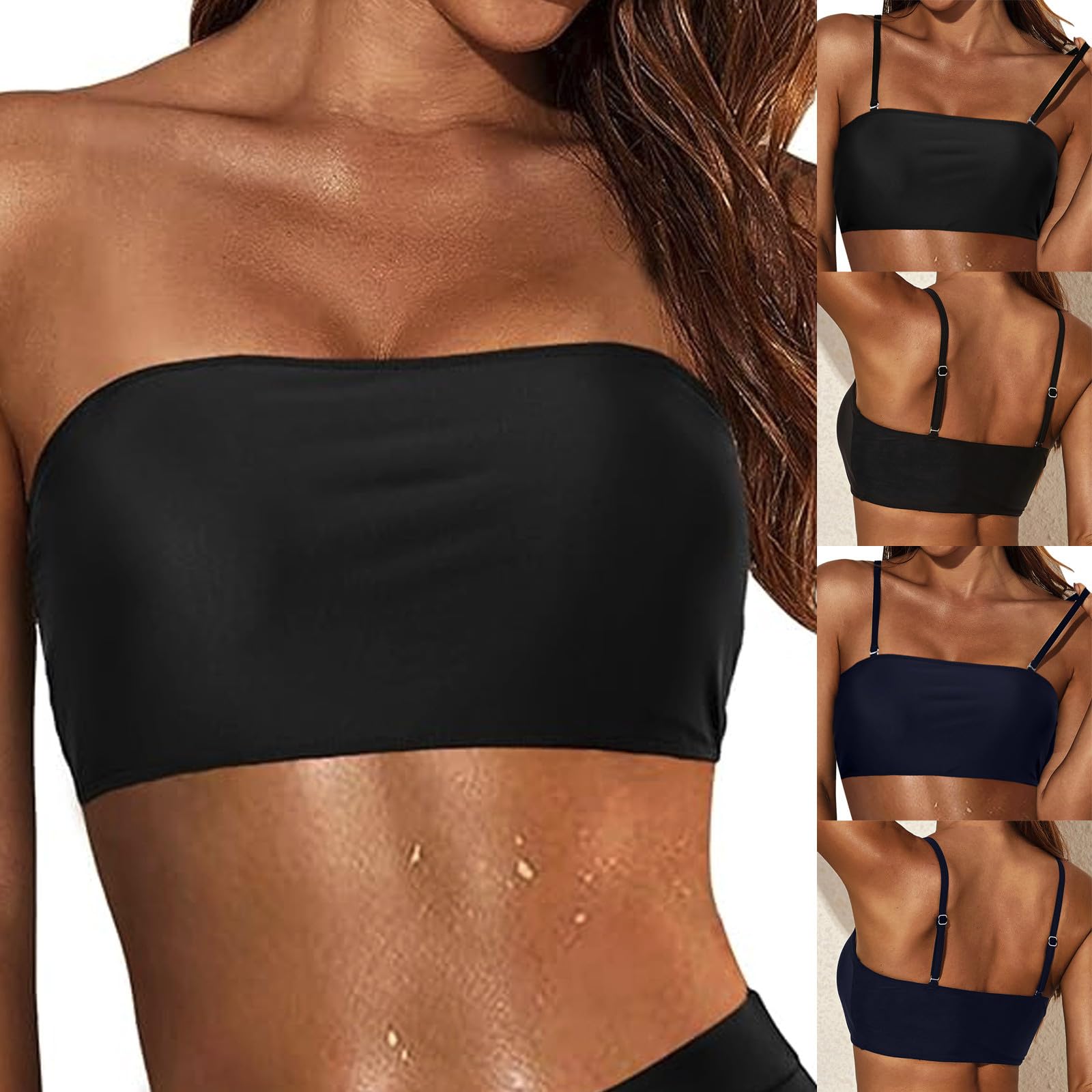 Bikini Top Bandeau | Spalline Removibili e Senza Spalline | Bandeau Reggiseni a Fascia Ladies | Bikini Top Nero | Costume da Bagno a Fascia da Donna Bikini Top