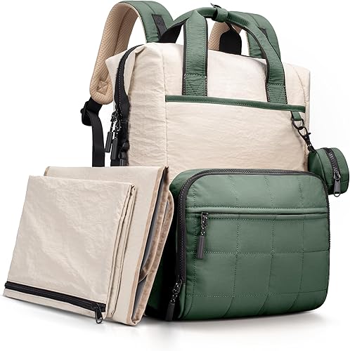 VONAL Mochila para pañales, bolsas ligeras para pañales para bebé, bolsa de pañales grande de viaje con cambiador, mochila de pañales verde para
