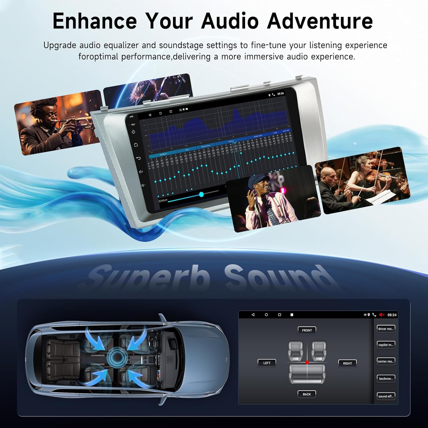 Image showing the car stereo display with an audio equalizer interface, surrounded by images of musicians, indicating enhanced audio capabilities.