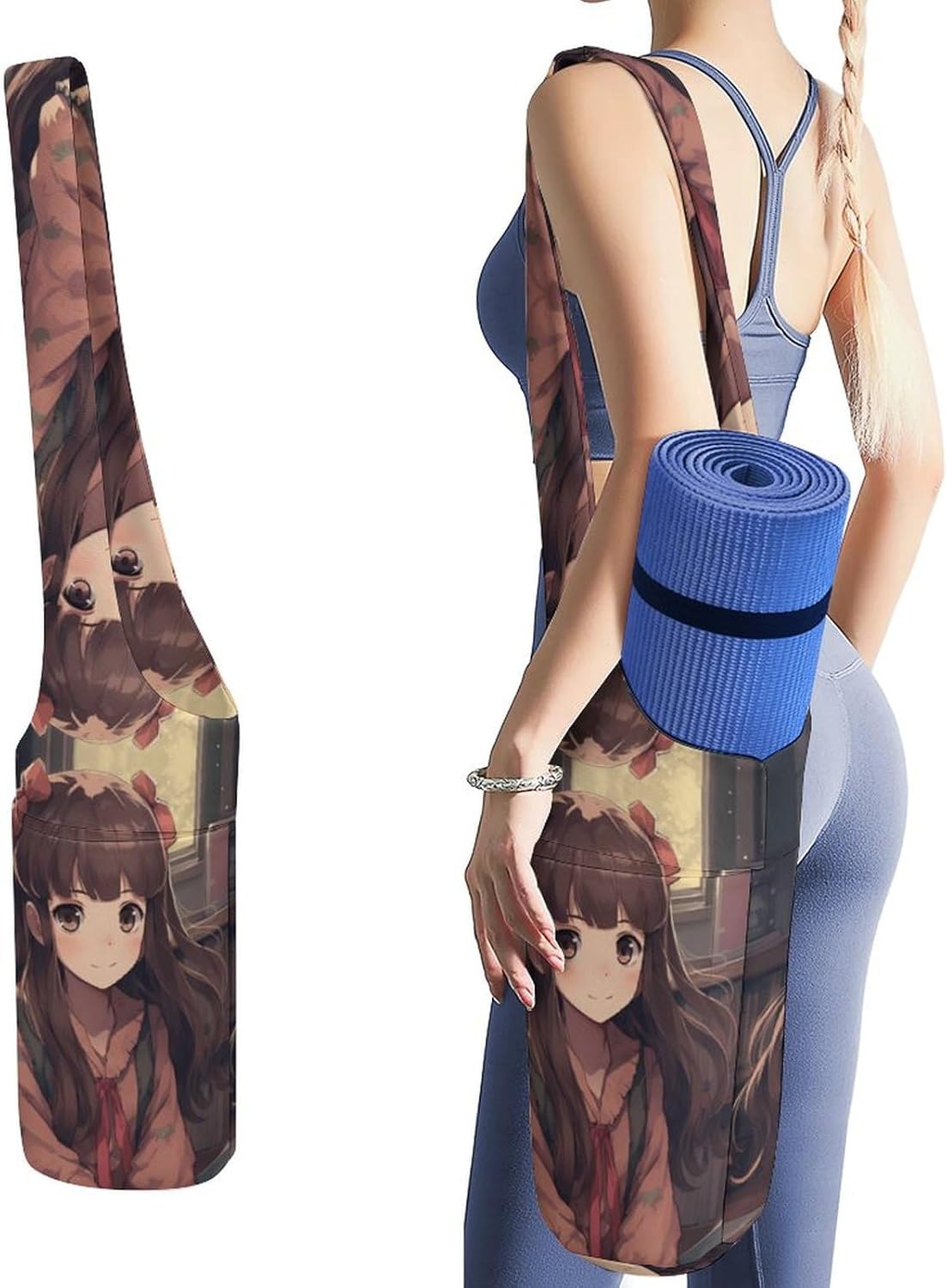 Little Woman in Anime Yoga Mat Bag Canvas Long Tote Yoga Mat with Water Bottle Pockets Large Travel Gym Bag Multi-Functional Fitness Storage Bag Carrier Holder Bag