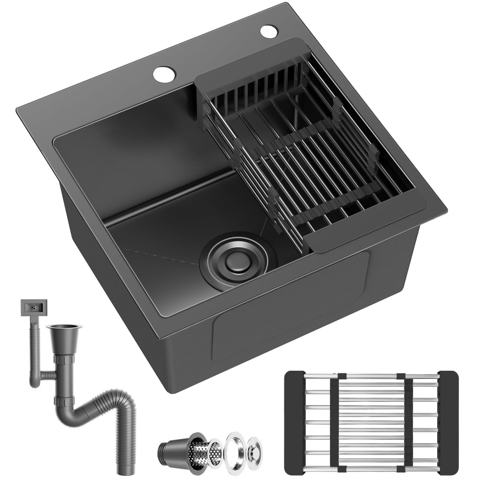 40 x 40 cm Stainless Steel Kitchen Sink, Black Top Mount Single Bowl Washing Up Sink, Noise Reduction Basin with Waste Kit, Soap Dispenser & Extendable Drainer Basket, for Kitchen, Bar, Campervan,