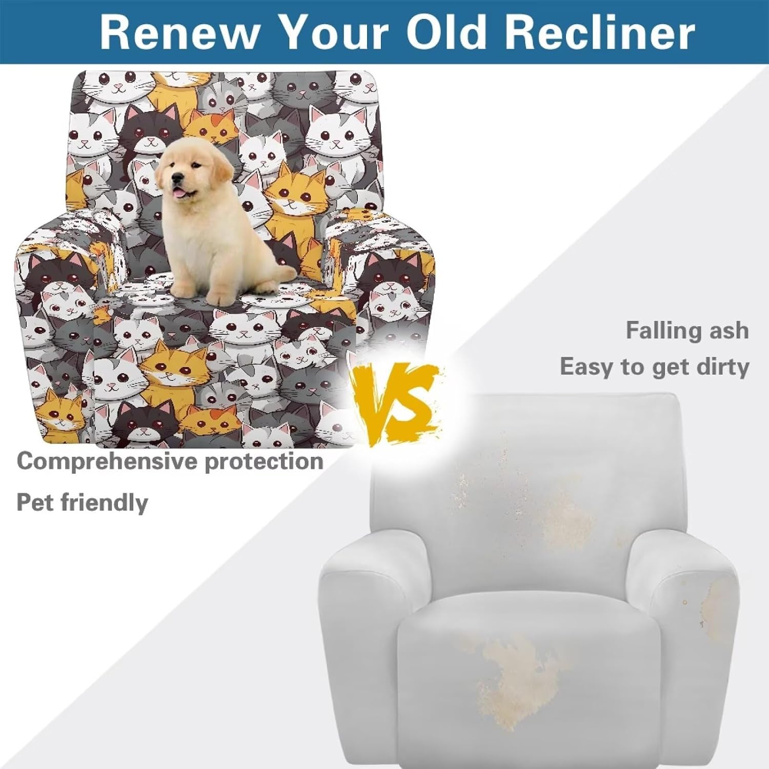 Talayituse Cat Print 4 Pieces Stretch Recliner Slipcover, Spandex Soft Fitted Sofa Couch Cover, Washable Furniture Protector with Elastic Bottom for Kids, Pet