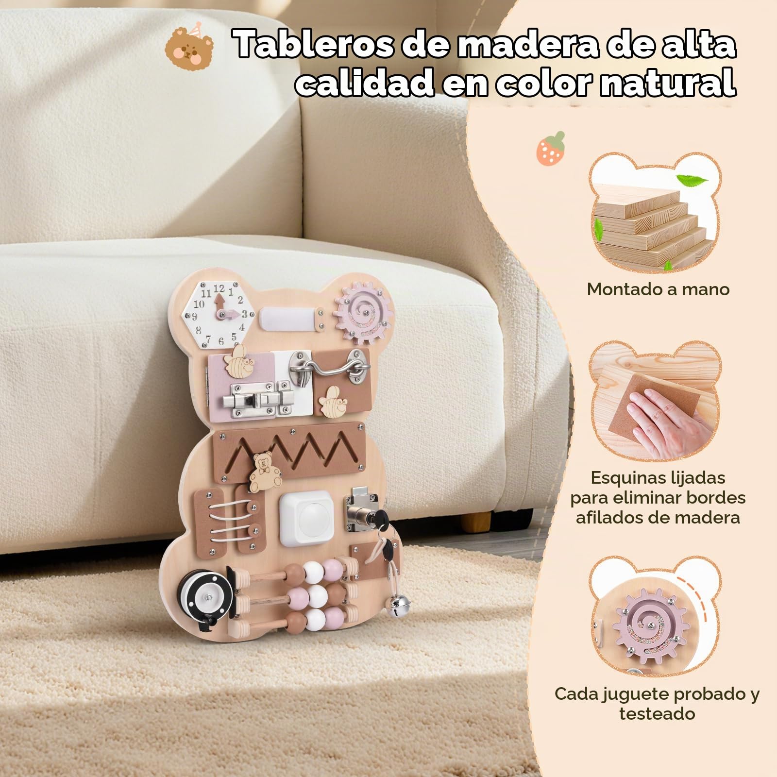 Busy Board Montessori Tablero de Actividades Montessori 12 in 1 Tablero Ocupado para Niños Juguetes sensoriales de Madera para Habilidades Motoras Básicas para Niñas y Niños de 1-6 años
