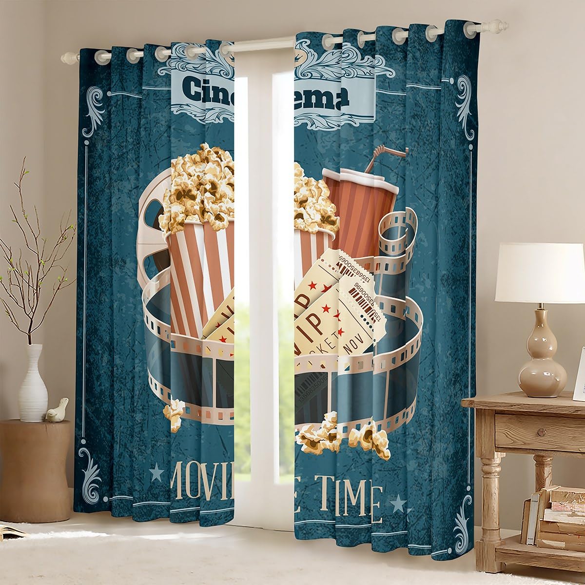 Feelyou Vintage Cinema Ticket Window Curtains for Bedroom Living Room for Kids Girls Movie Theater Theme Curtains Girls Filmstrip Popcorn Window Drapes Treatments Retro Green Blue 38W X 45L,2 Panels
