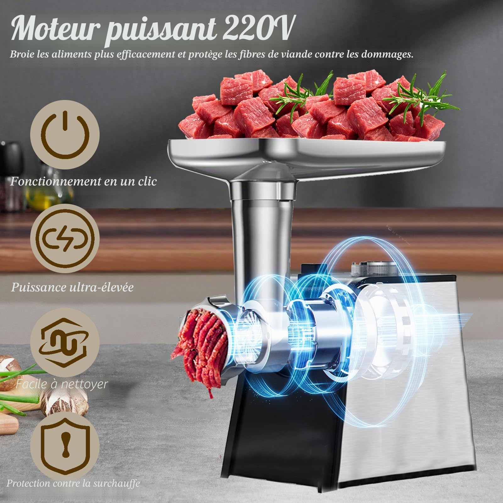 Hachoir à viande électrique 3 en 1 avec poussoir à saucisse, hachoir à viande électrique avec 3 tubes de remplissage saucisses, 2 moules à boulettes, 2 lames en acier inoxydable, 3 plaques de hachage