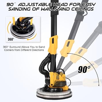 Brushless Drywall Sander, 1200W 10-Amp Popcorn Ceiling Removal Tool with 800-2200RPM 8 Variable Speed 12pcs Sanding Discs Drywall Sander with Vacuum Dust Collector LED Light for Ceiling Sanding
