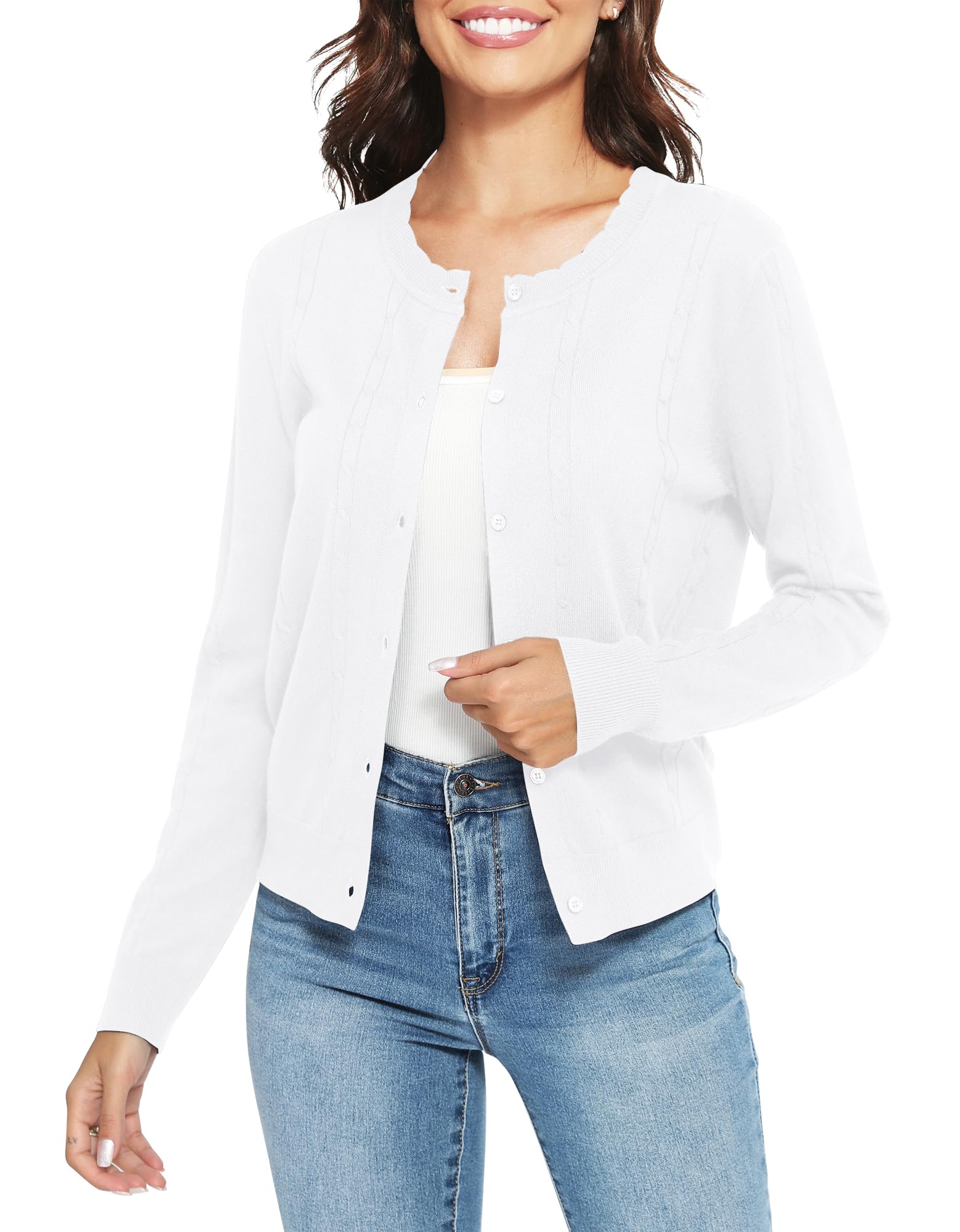 Urban CoCo Cardigan court léger à col rond et manches longues ouvert sur le devant en tricot doux pour femme Tenue décontractée