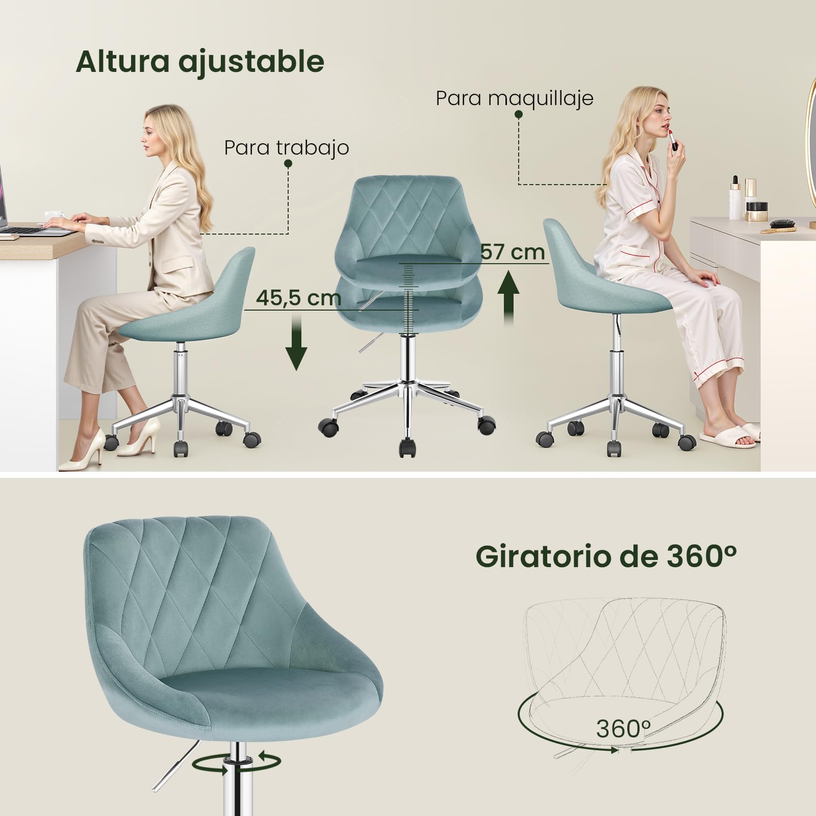 EUGAD Silla de Oficina en Casa, Silla Giratoria, Terciopelo, Turquesa | Silla de Escritorio con Ruedas Taburete de Oficina de Terciopelo, Ergonómica, Altura ajustable
