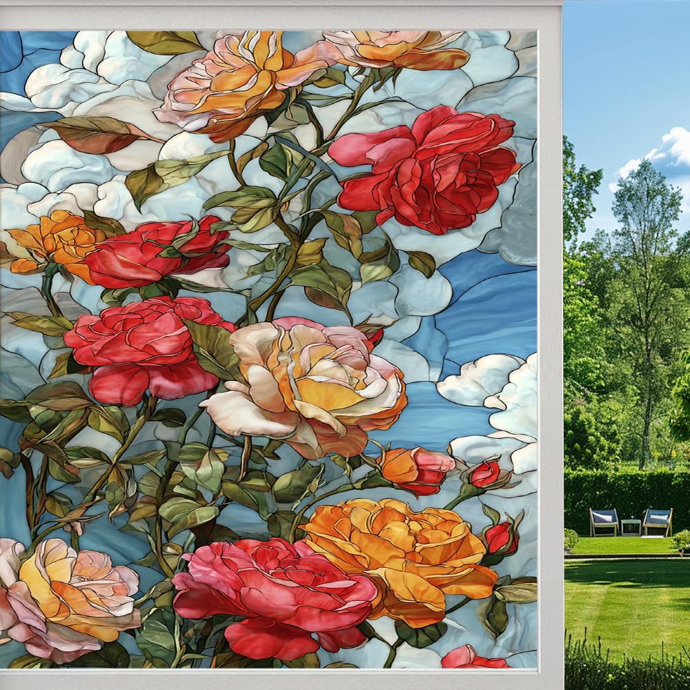 Natural Rose Stained Glass Window Film, Colorful Abstract Flowers Peel and Stick Privacy Film, Frosted Adhesive Vinyl Decorative for Bathroom Windows Glass Doors, （55x100cm）
